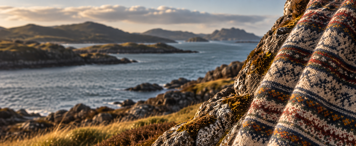 Scottish coastline with Fair Isle knitwear, Brae & Heather knitting patterns