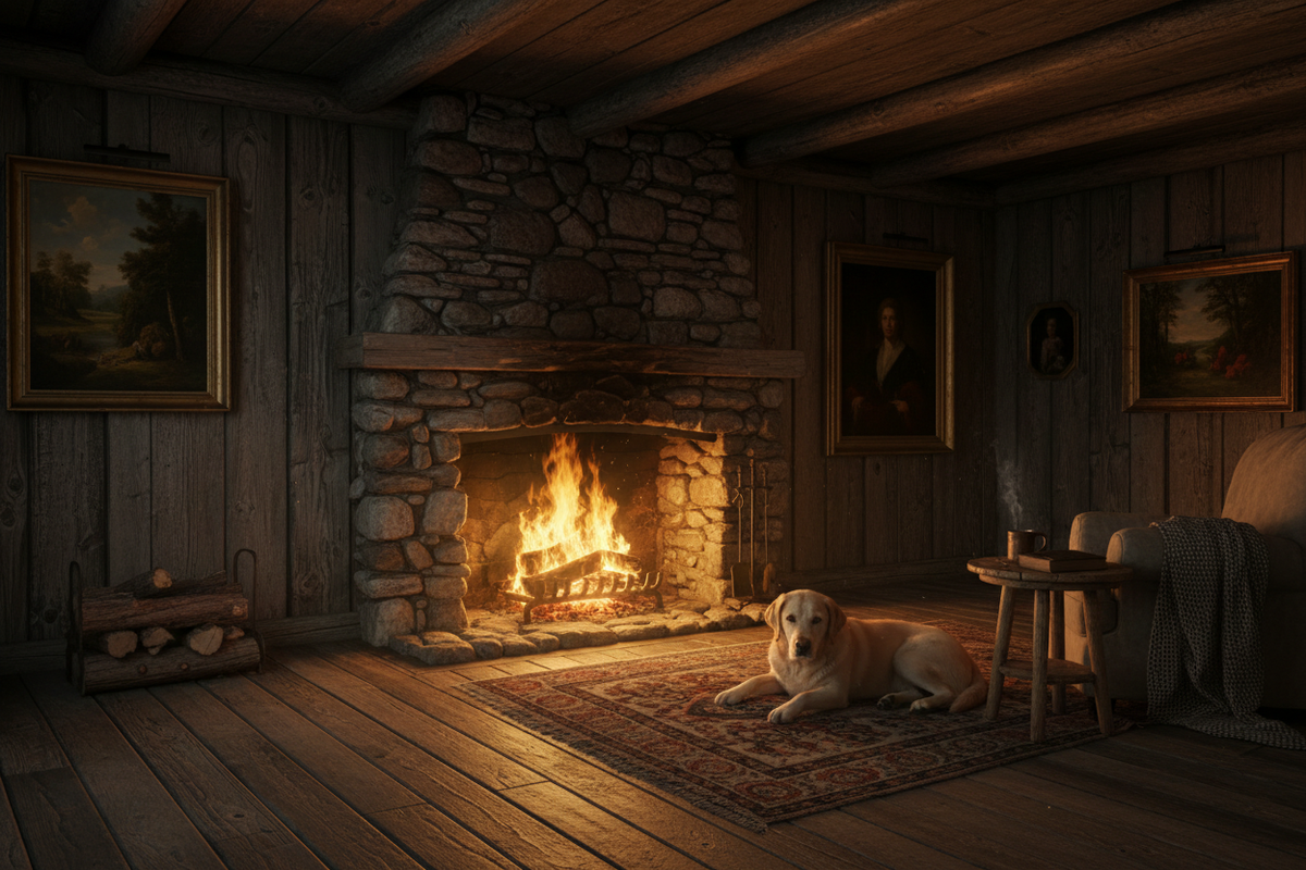 a cozy fire in a dimly lit rustic cabin with old paintings and a labrador retriever staying warm by the fire.